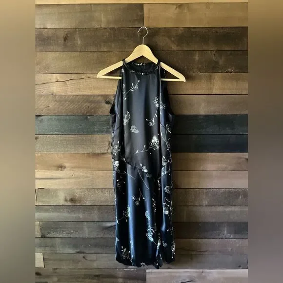 Vintage 90s Black Floral Butterfly High Neck Midi Dress - Picture 2 of 12